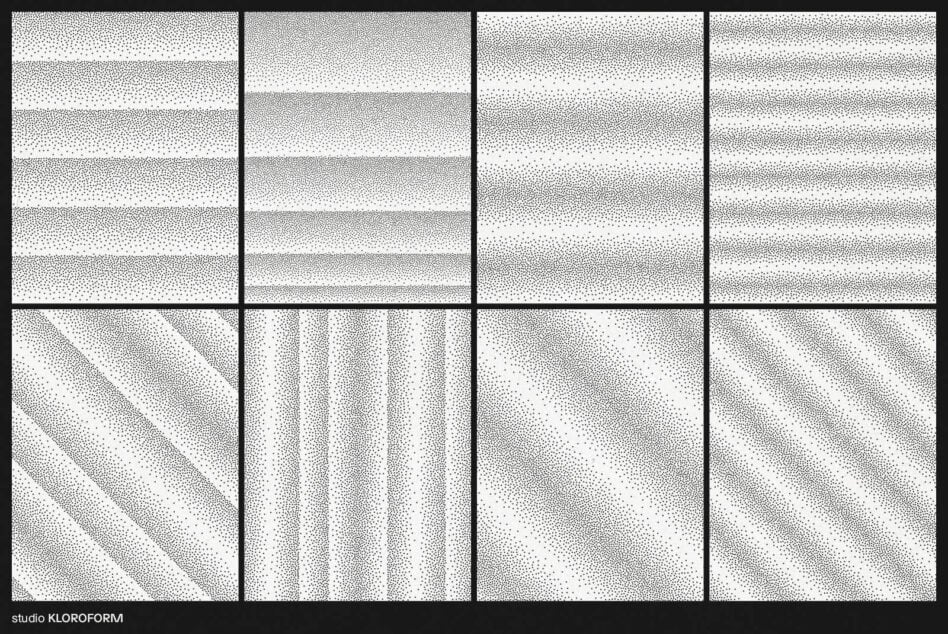Grid of eight halftone dot textures with varying density patterns for designers. Ideal for graphics, templates, and mockups in digital projects.