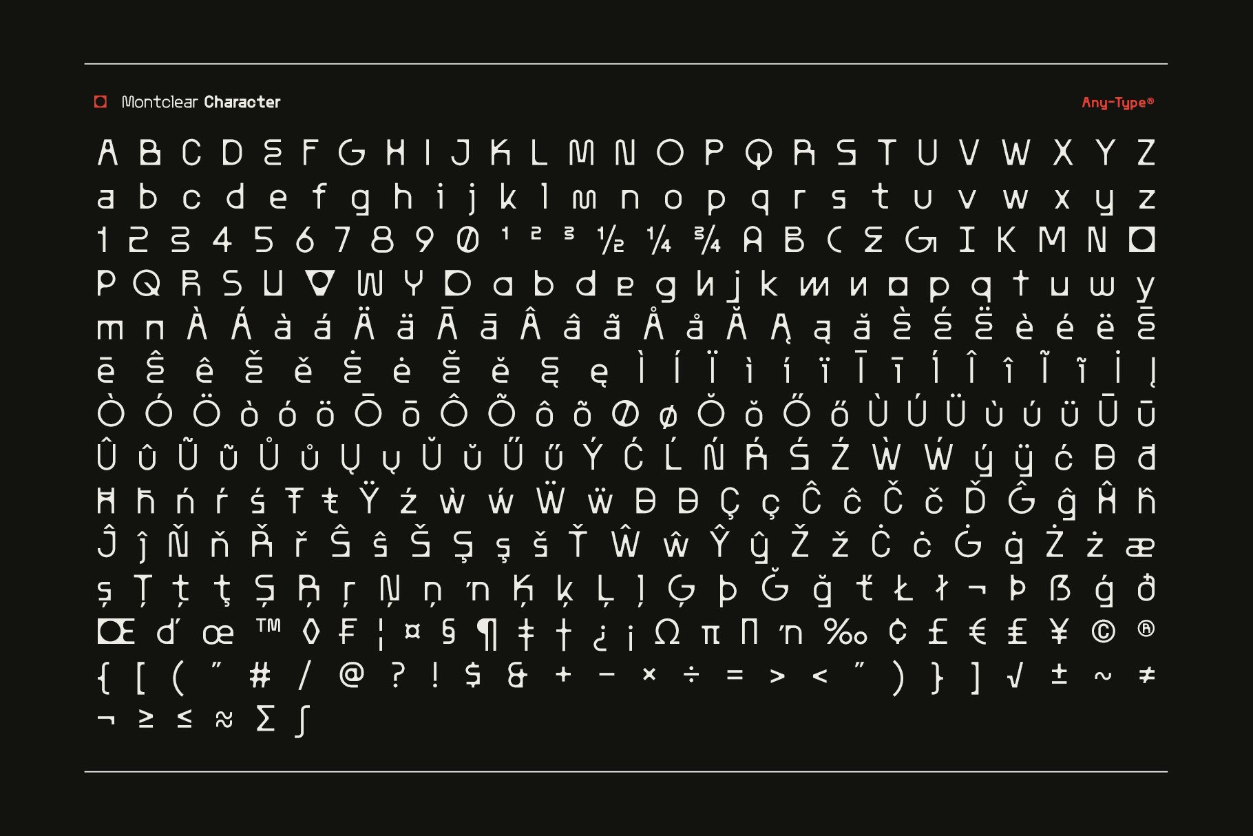 Typeface design featuring Montclear font with uppercase, lowercase, numerals, and special characters on a dark background. Ideal for graphic designers.