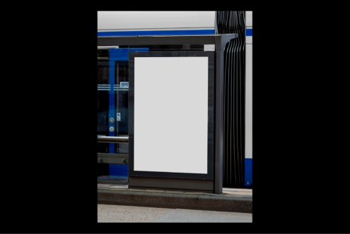 Bus stop advertising mockup template with blank billboard, urban setting. Ideal for branding presentations, outdoor campaigns, marketing visuals.
