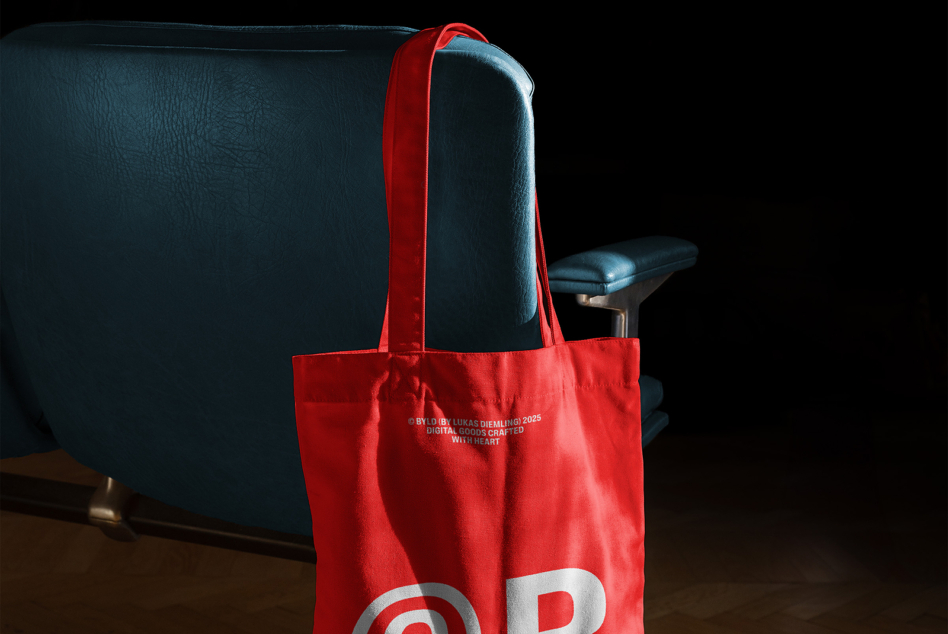 Red cotton tote bag with silver logo text draped over teal leather chair