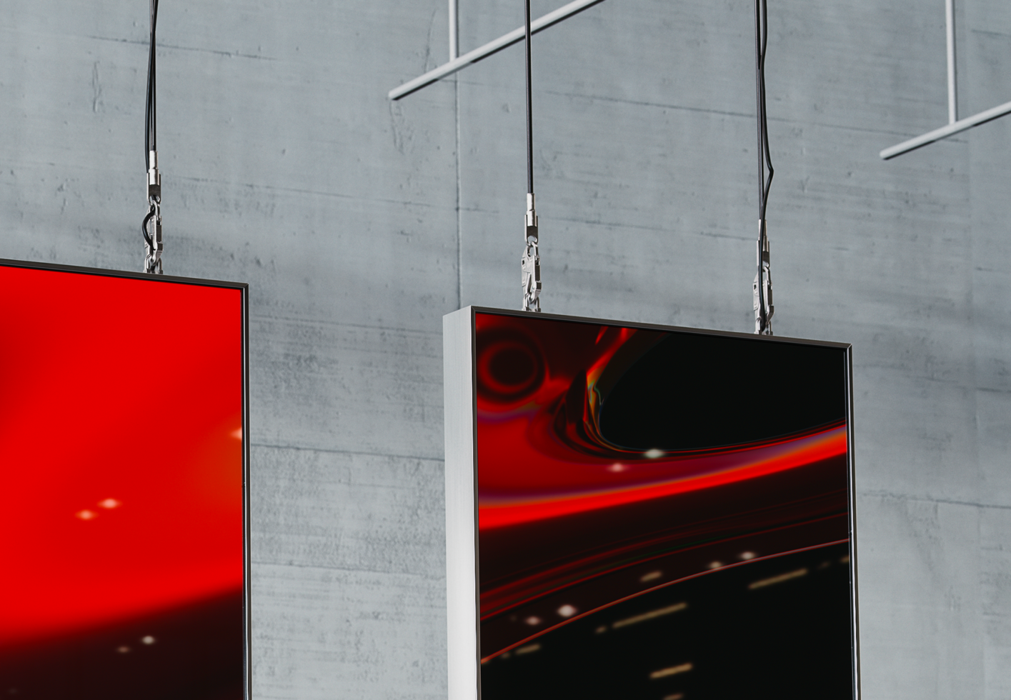 Two hanging digital billboards with abstract red designs against a concrete wall background perfect for graphic design mockups or presentations.