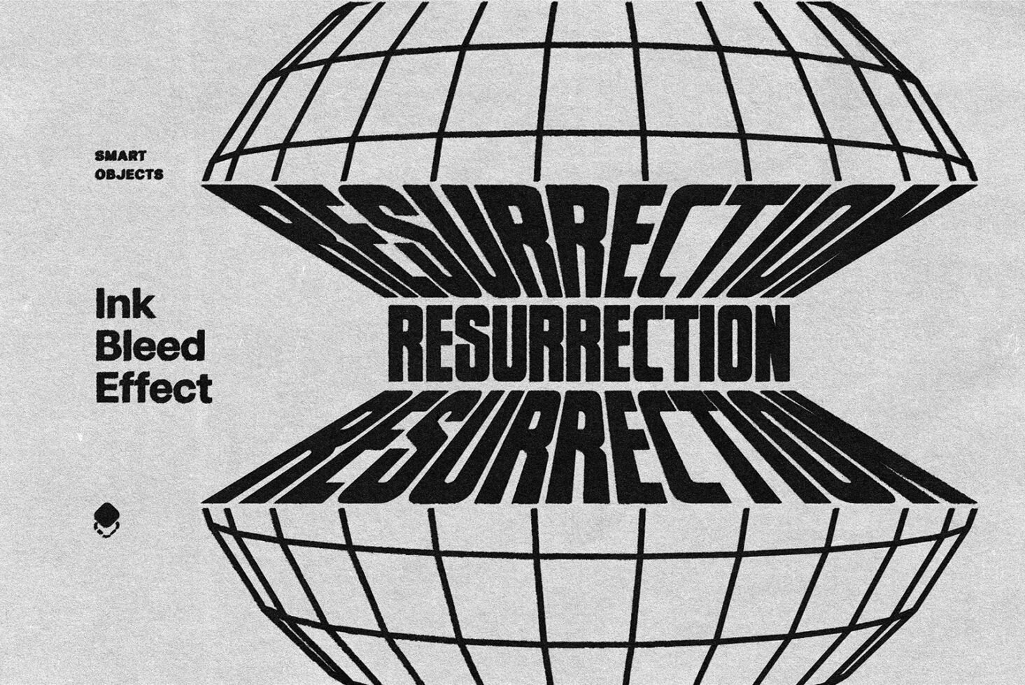 Grunge typography design featuring the word Resurrection with an ink bleed effect and distorted globe shapes. Ideal for graphic design templates.