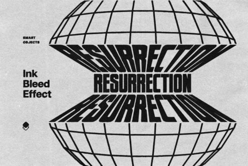 Grunge typography design featuring the word Resurrection with an ink bleed effect and distorted globe shapes. Ideal for graphic design templates.