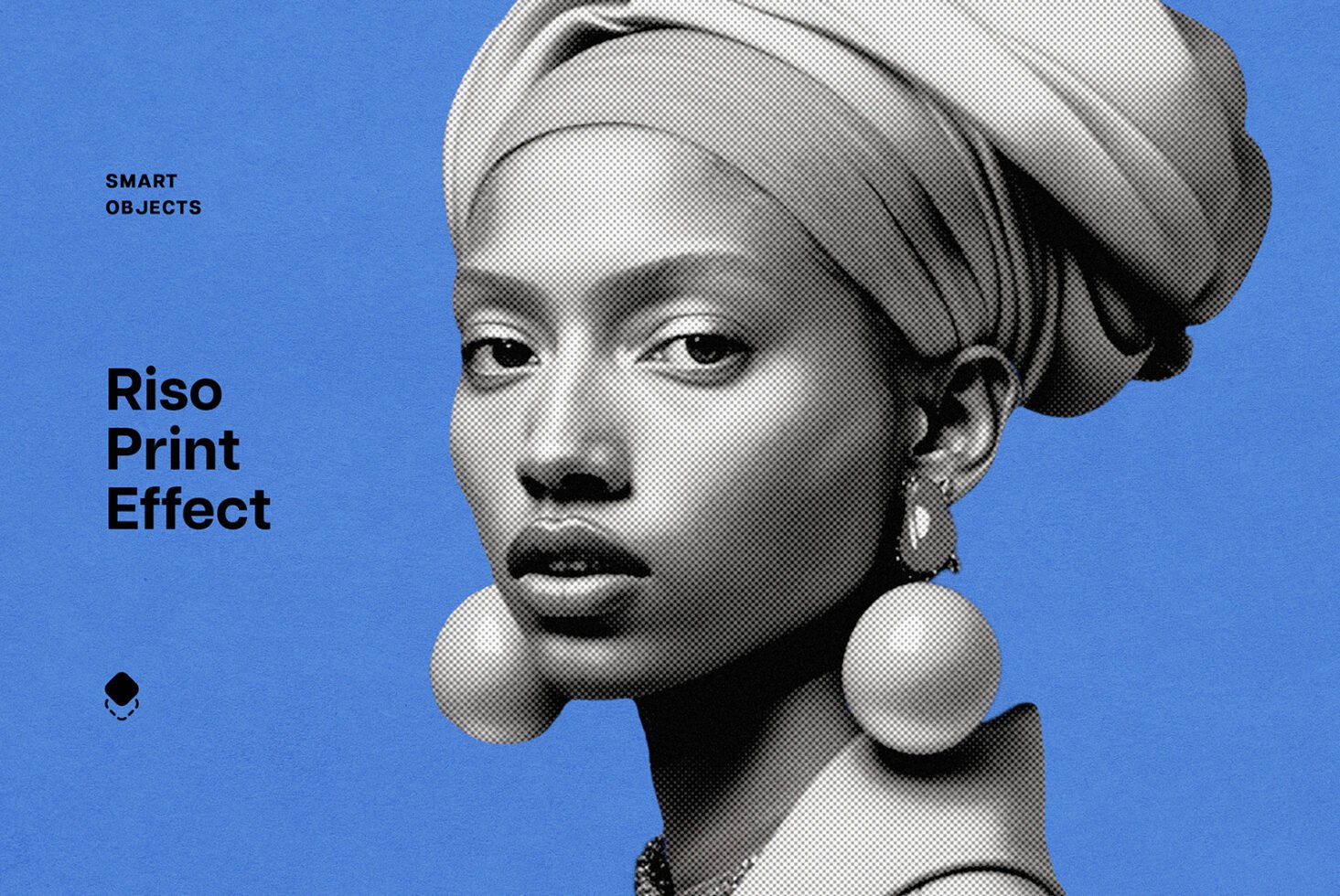 Riso print effect template shows a woman in a headwrap with halftone editing. Ideal for graphic designers seeking vintage and retro aesthetics.