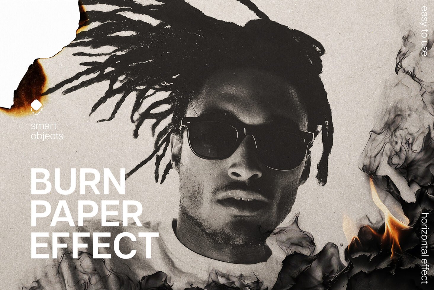Burn paper effect graphic template featuring a portrait with charred edges. Ideal for designers seeking creative mockups and easy-to-use smart objects.