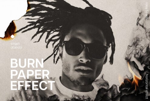 Burn paper effect graphic template featuring a portrait with charred edges. Ideal for designers seeking creative mockups and easy-to-use smart objects.