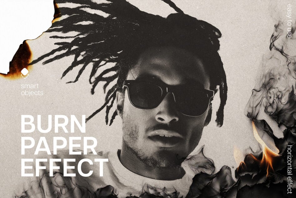 Man with dreadlocks in sunglasses surrounded by burnt paper collage elements