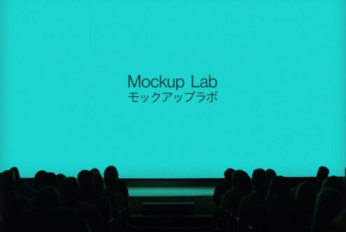 Audience watching presentation screen with the text Mockup Lab in English and Japanese teal background design template for creative professionals designers