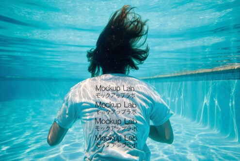 Underwater t-shirt mockup displaying submerged person. Perfect for showcasing apparel design. Ideal for designers on digital assets Marketplace.