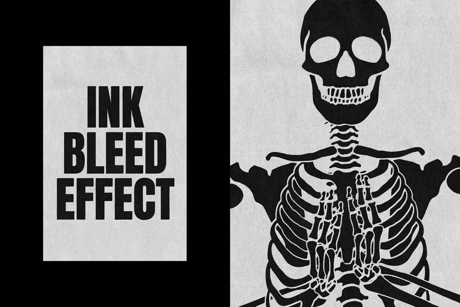 Ink bleed effect graphic featuring bold typography and a skeletal illustration perfect for designers seeking artistic textures and unique graphics.
