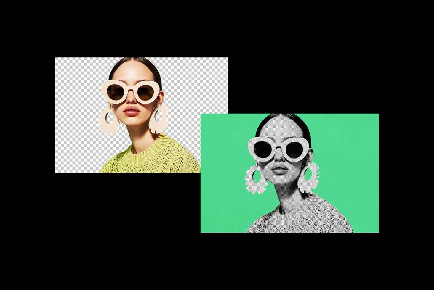 Fashionable woman mockup featuring bold sunglasses, statement earrings, vibrant contrast backgrounds, ideal for graphic design templates and digital assets.
