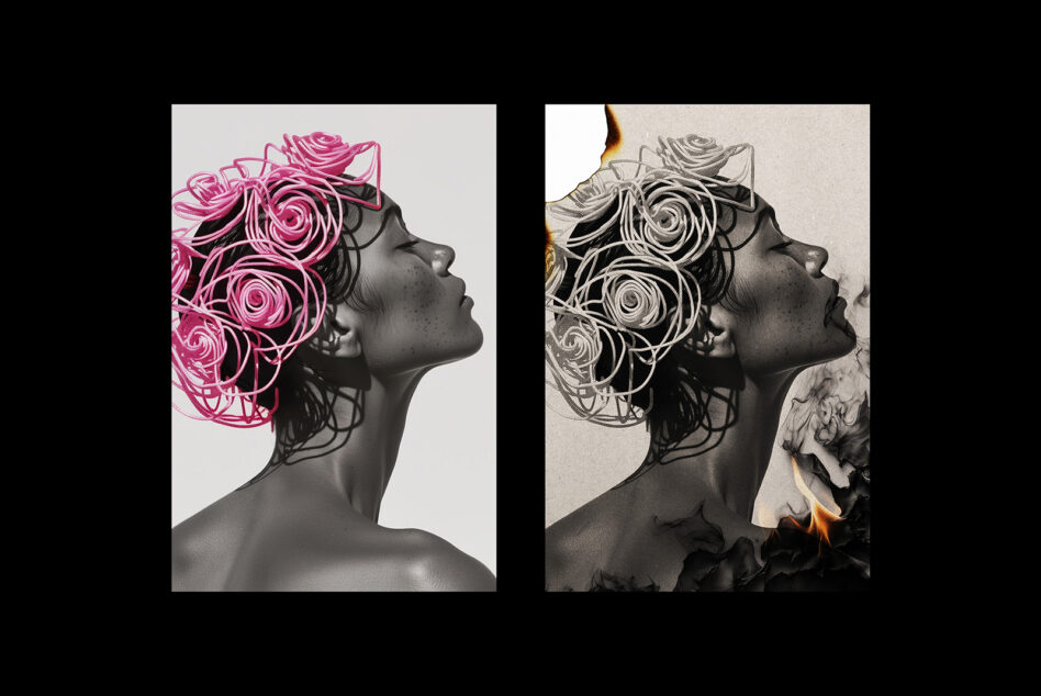 Split screen showing profile of woman with pink neon roses on left, grayscale with burned paper on right