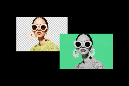 Fashionable woman mockup featuring bold sunglasses, statement earrings, vibrant contrast backgrounds, ideal for graphic design templates and digital assets.