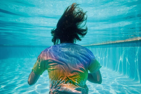 Underwater t-shirt mockup with vibrant colors, showcasing dynamic design and movement; ideal digital asset for designers seeking creative mockups.