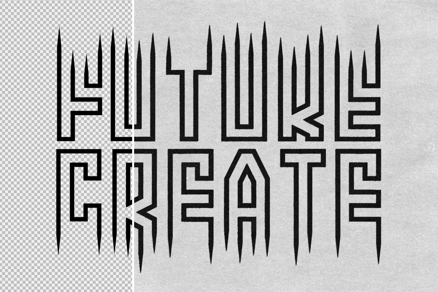 Bold geometric text reading FUTURE CREATE on a textured gray background suitable for graphic design, typography projects, and template design.