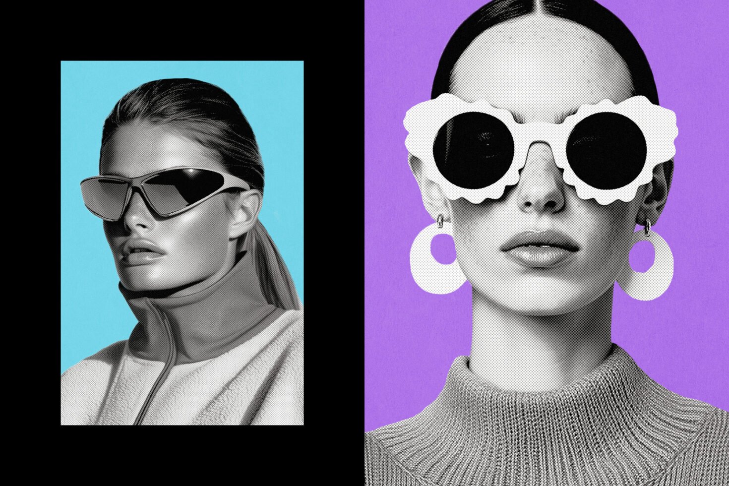 Fashionable editorial mockup with two women in unique sunglasses against vibrant colored backgrounds. Perfect for creative graphics and designer resources.