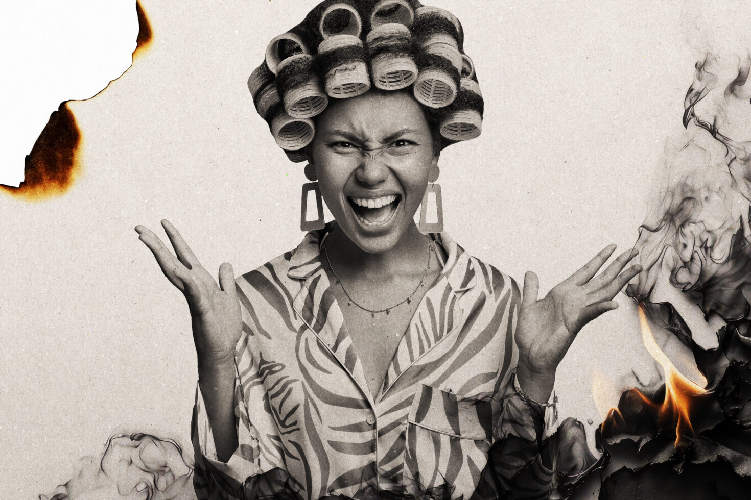 Portrait of a woman with hair curlers screaming, surrounded by artistic burned paper edges; fashion, emotional expression, creative design elements.