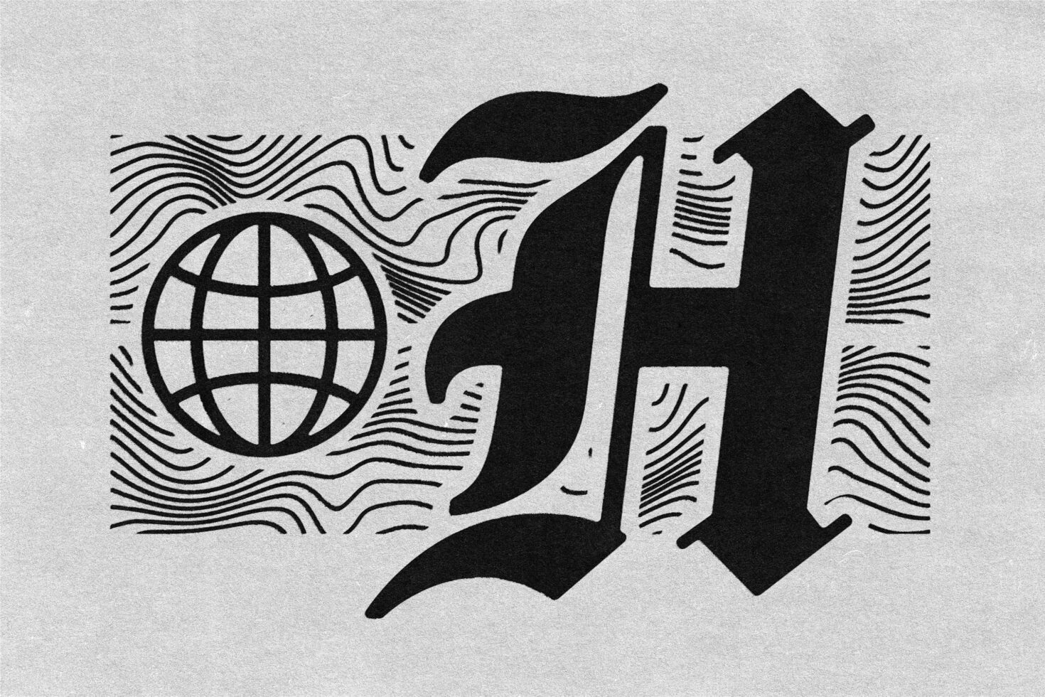 Monochrome graphic featuring a stylized letter H next to a globe icon with wavy lines. Suitable for graphic design templates or branding assets.