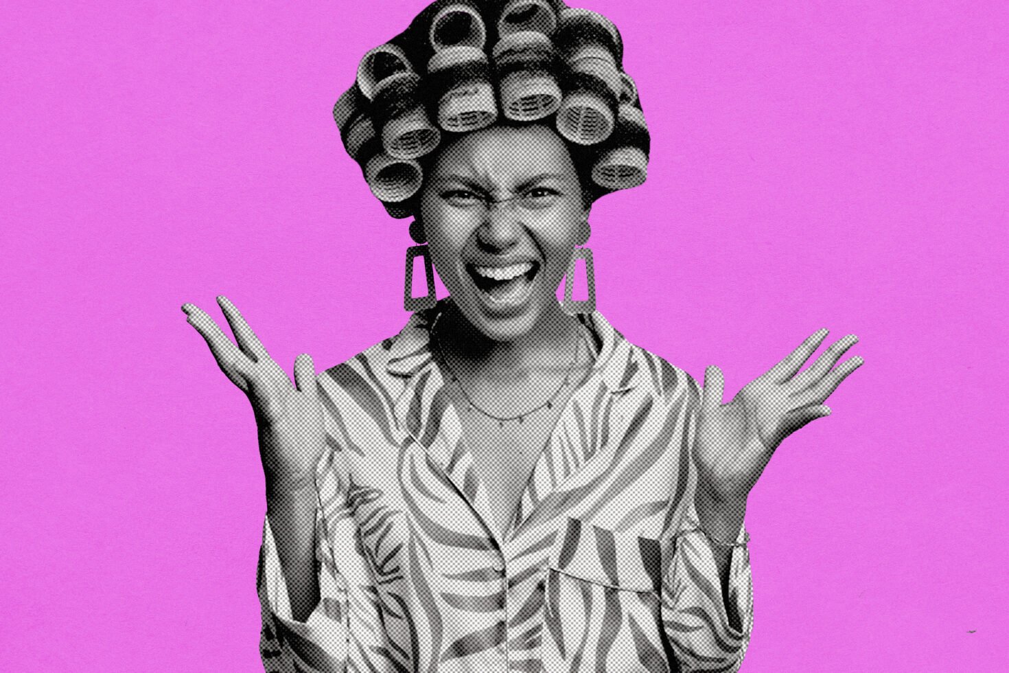 Retro styled halftone graphic of a woman with curlers and expressive pose on pink background. Perfect for pop art templates and design projects.