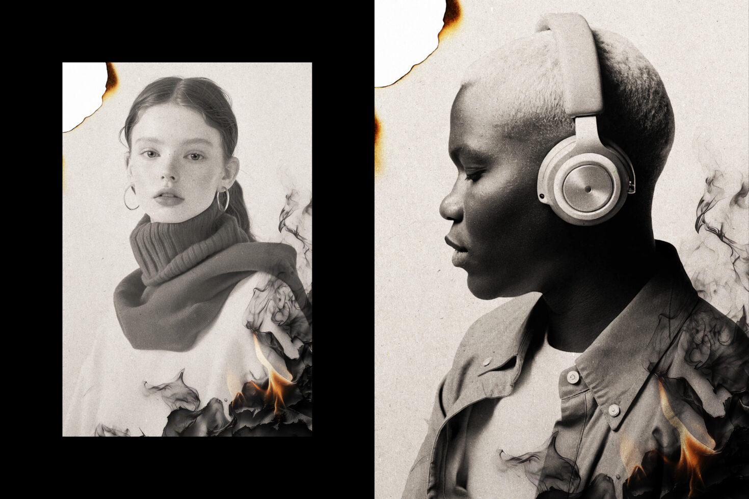 Vintage portrait collage of two people with headphones and turtleneck against a burnt paper texture. Ideal for creative graphic design mockups.