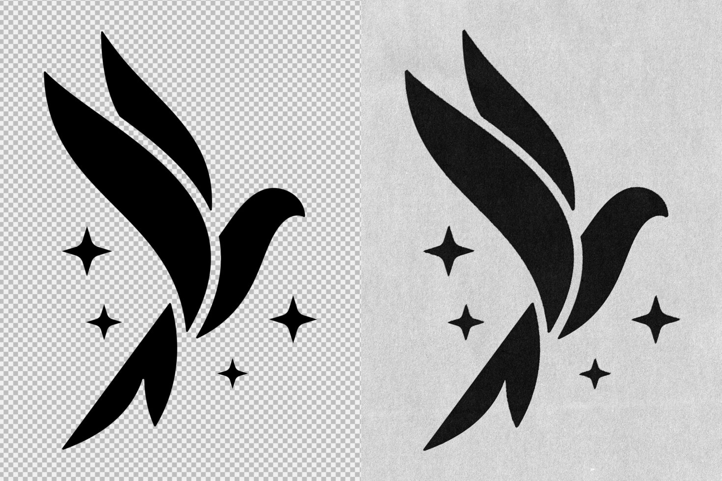 Silhouette bird logo with stars on transparent and textured backgrounds. Ideal for graphic design projects mockups templates branding ideas.