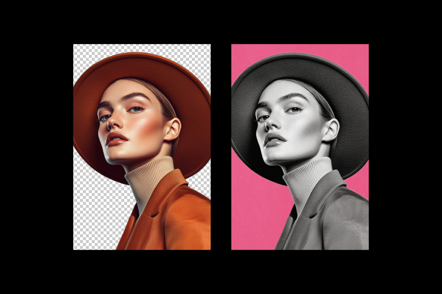 Fashion portrait mockup displaying a stylish woman in a hat with dual edits; color and monochrome. Perfect for design projects and templates.
