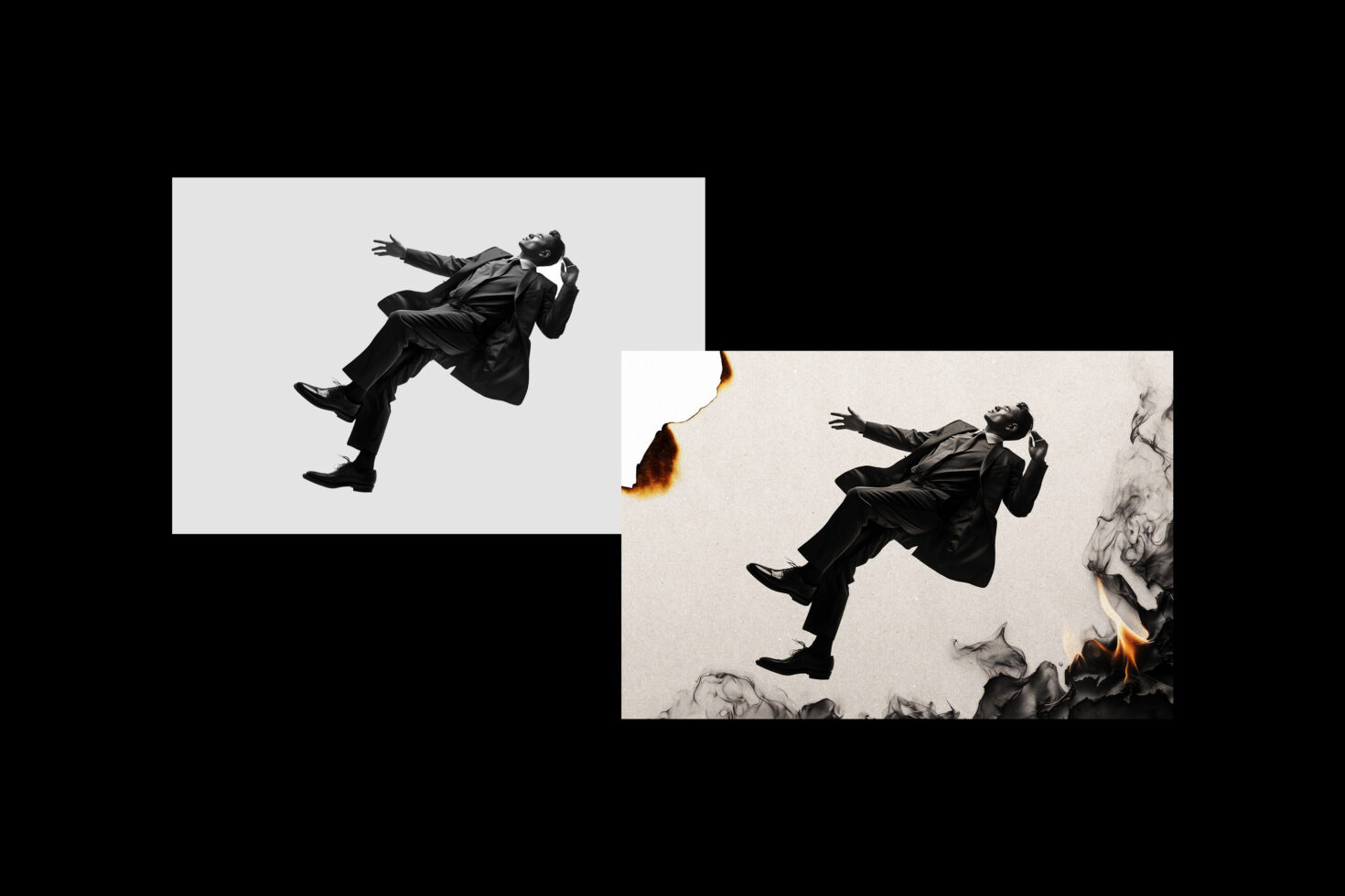 Black and white collage of a man falling in a suit with burnt edges and smoke. Design asset for graphic artists. Keywords: collage, graphics, mockup