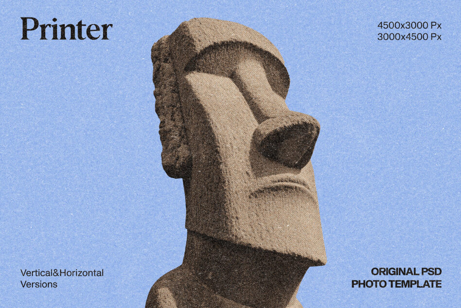 Textured stone head sculpture against blue sky with printer label, psd template