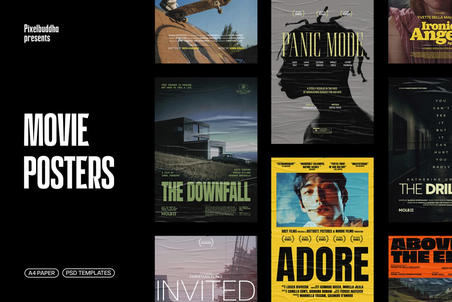 Collection of creative movie poster templates for designers featuring modern and vintage styles. Ideal for mockups and graphic design projects.