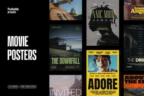 Collection of creative movie poster templates for designers featuring modern and vintage styles. Ideal for mockups and graphic design projects.