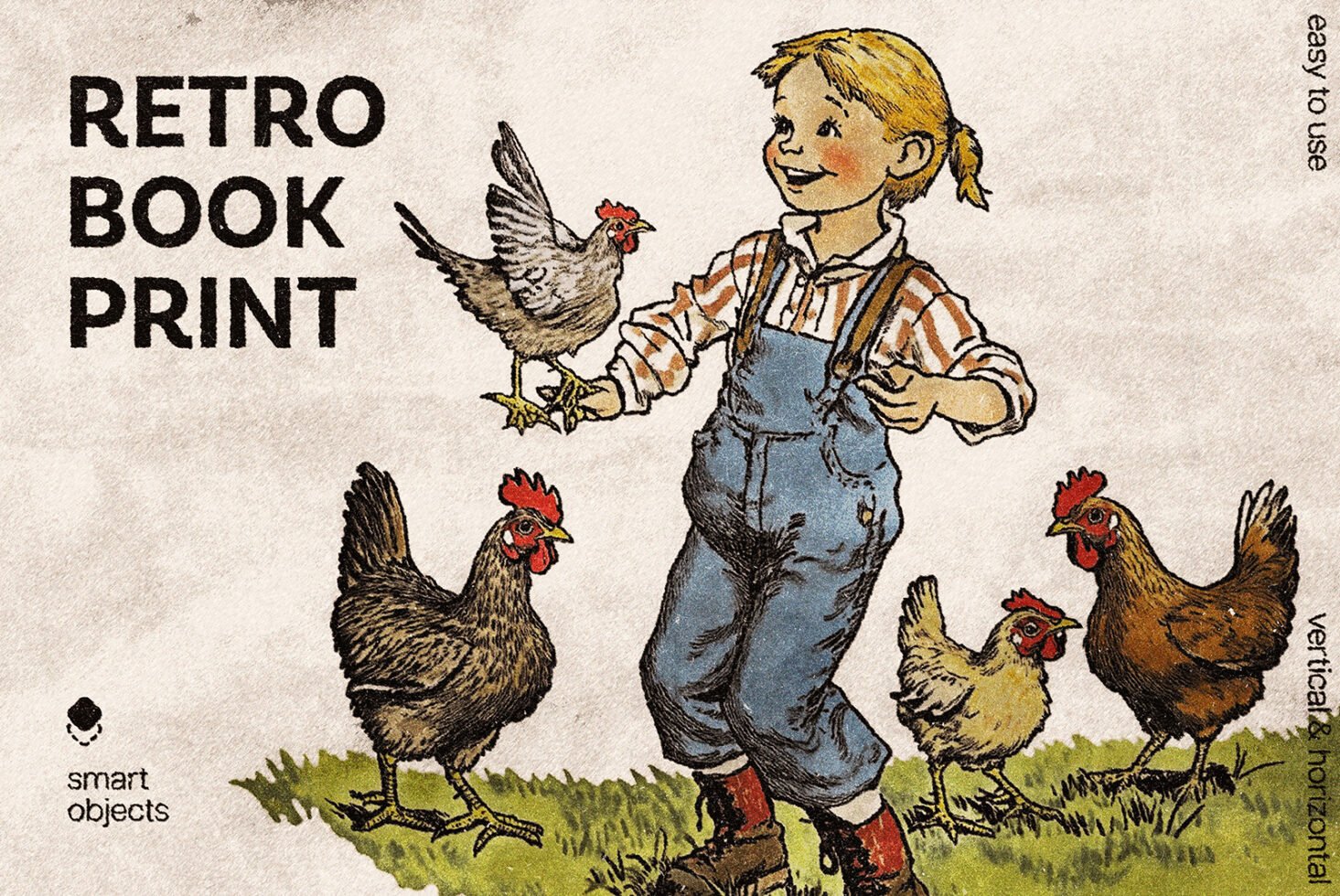 Retro illustration of a child in overalls surrounded by hens. Perfect for vintage book designs, graphics, and print templates. Ideal for designers.