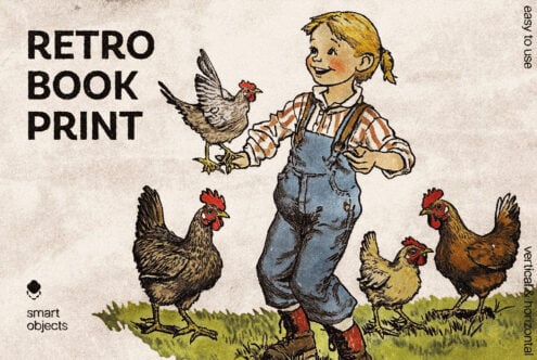 Retro illustration of a child in overalls surrounded by hens. Perfect for vintage book designs, graphics, and print templates. Ideal for designers.