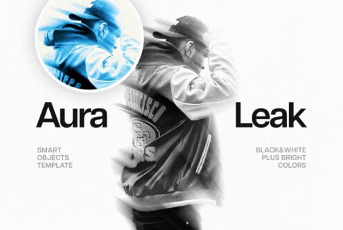 Aura Leak Photoshop template with smart objects featuring black and white photography and dynamic color effects ideal for designers and creatives