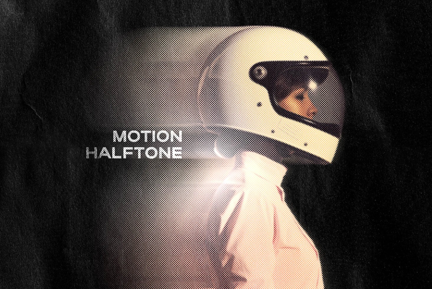 Halftone graphic of a person in a helmet on black textured background with motion effect and text Motion Halftone ideal for designers and digital assets.