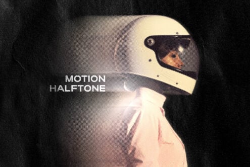 Halftone graphic of a person in a helmet on black textured background with motion effect and text Motion Halftone ideal for designers and digital assets.