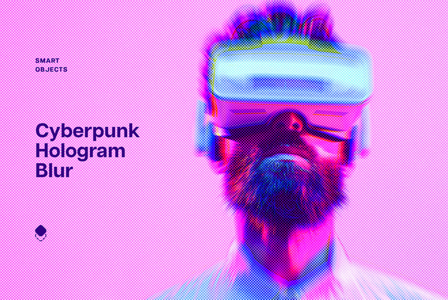 Cyberpunk hologram blur effect with VR headset showcasing futuristic design elements in vibrant neon colors ideal for digital graphics and mockup templates.