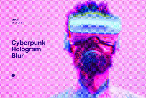 Cyberpunk hologram blur effect with VR headset showcasing futuristic design elements in vibrant neon colors ideal for digital graphics and mockup templates.