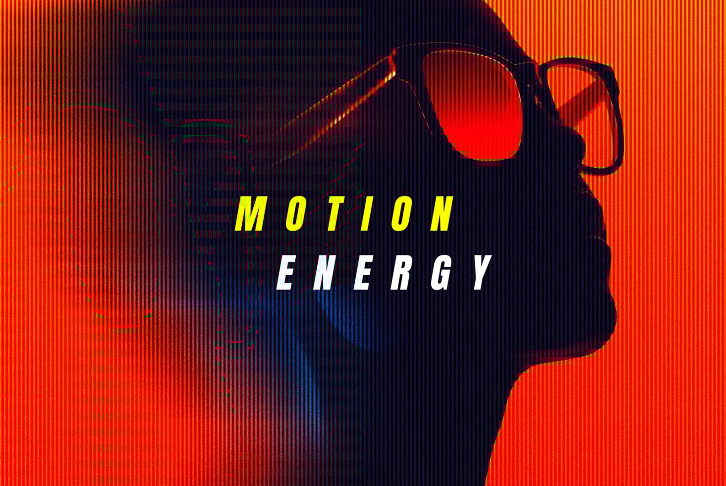 Bold graphic with silhouette wearing sunglasses on vibrant orange background featuring text Motion Energy ideal for designers seeking dynamic templates.