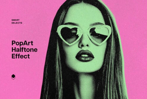 Colorful Pop Art Halftone Effect Template featuring a stylish woman in heart-shaped sunglasses. Perfect for graphics, mockups, and creative design projects.