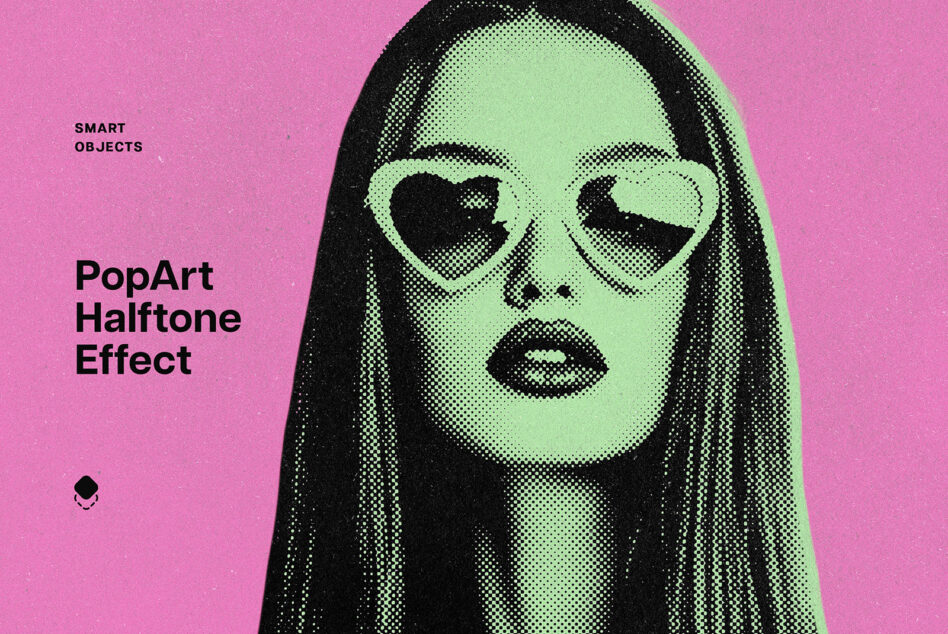 Woman with heart-shaped sunglasses, halftone effect, lime green face on hot pink