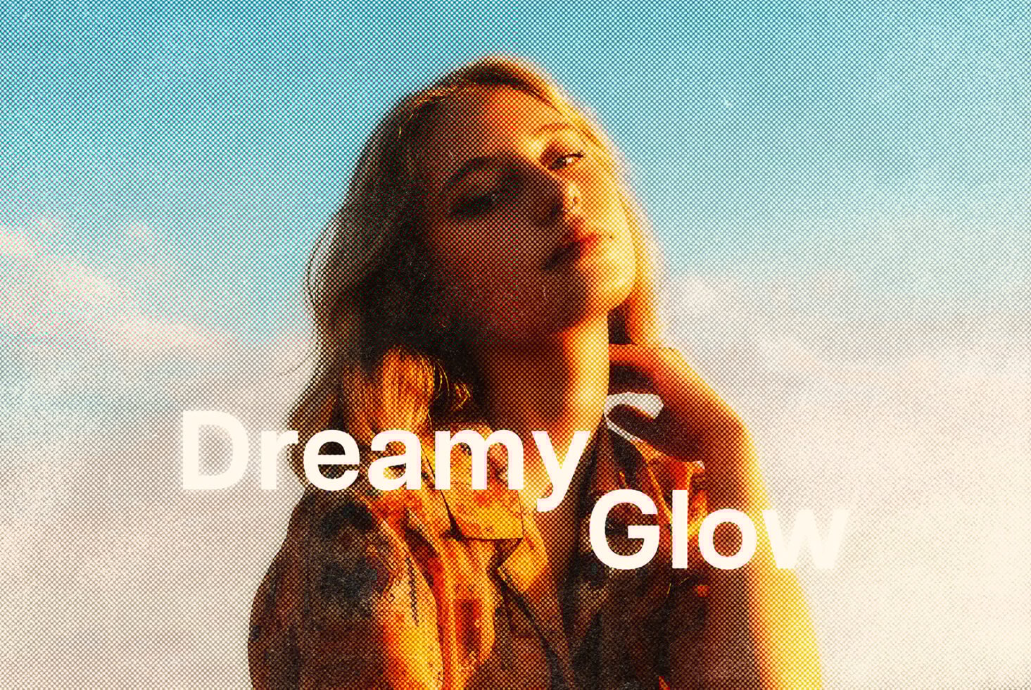 Vintage-style halftone graphic of a woman under soft sunlight titled Dreamy Glow. Ideal for designers seeking unique textures or backgrounds in projects.