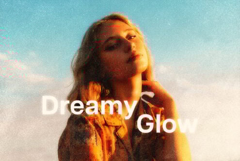 Vintage-style halftone graphic of a woman under soft sunlight titled Dreamy Glow. Ideal for designers seeking unique textures or backgrounds in projects.