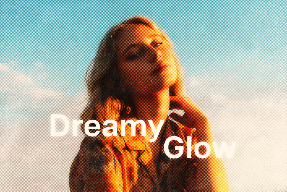 Vintage-style halftone graphic of a woman under soft sunlight titled Dreamy Glow. Ideal for designers seeking unique textures or backgrounds in projects.