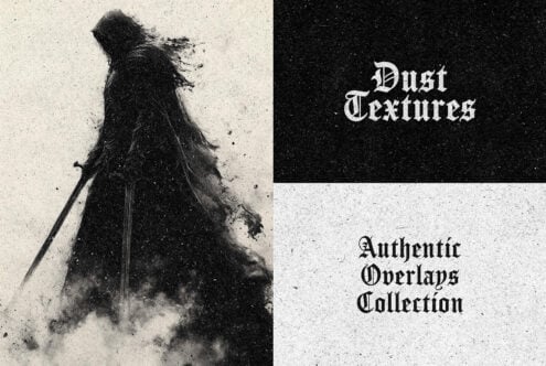 Dark fantasy silhouette with swords in dust texture. Authentic overlays collection for graphic designers. Keywords: Dust Textures, Overlays, Designers.