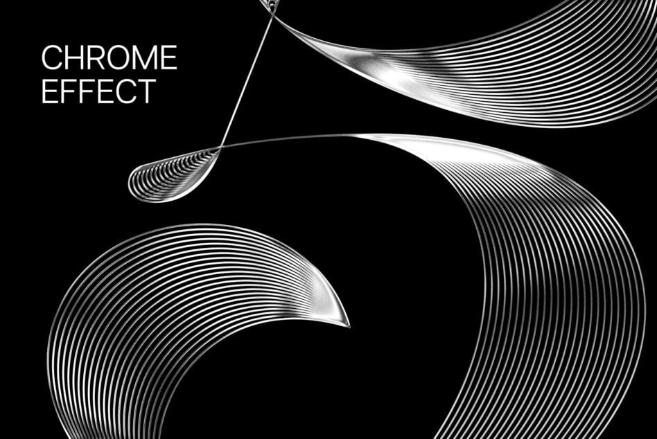 Flowing curved shapes with thin line chrome texture on black