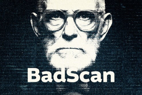 Distorted portrait of a bearded man with glasses in a grunge style with BadScan text overlay suitable for use in graphic design projects.