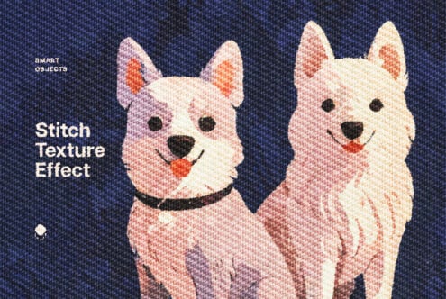 Stitch texture effect template featuring two white dogs on a dark background. Ideal for designers seeking unique mockup designs with fabric-like details.
