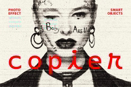 Distorted monochrome photo effect featuring a face with text overlay, red copier font, perfect for unique graphics or template designs for designers.
