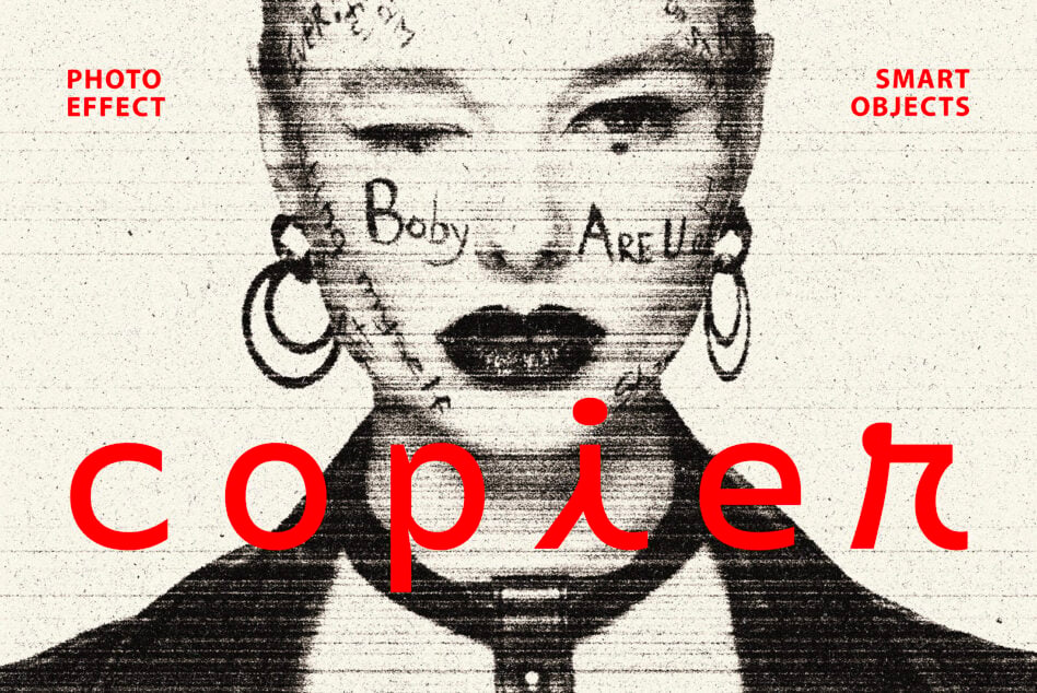 Distorted face with glitch effect overlaid with red text, smudged vintage style