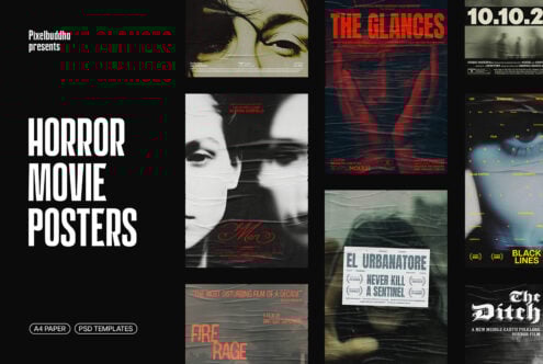 Horror movie posters collage featuring eerie designs from Pixelbuddha suitable for designers. Includes A4 paper PSD templates for creative graphic projects.